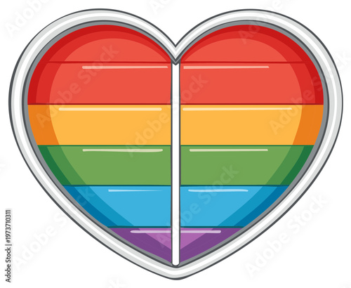 Heart-shaped rainbow flag symbol with metallic border and white divider