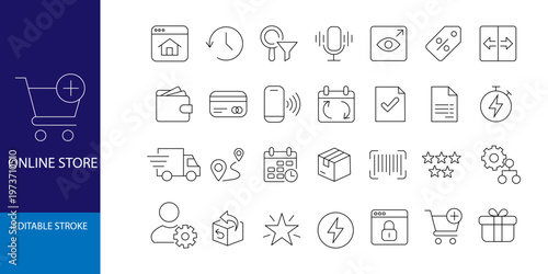  Online Store Line Icons Set for E-commerce, Shopping, Payment, and Delivery Systems