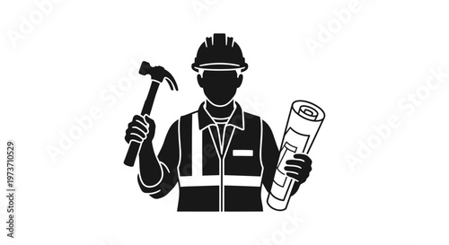 a professional construction worker holding a hammer and blueprint plans symbolizing the building industry engineering and tradesman labor icon.