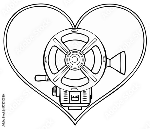 Vintage film projector inside a heart symbol black and white illustration