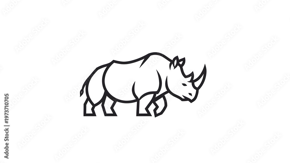 Fototapeta premium Minimalist outline illustration of a rhinoceros walking, showcasing its distinctive horn and powerful form. Ideal graphic symbol for wildlife, strength, and nature protection