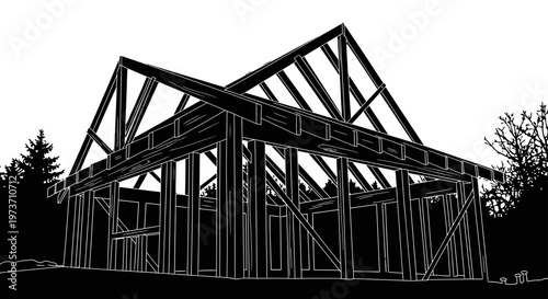 house construction wooden frame illustration of a new homes timber framing process in a natural setting