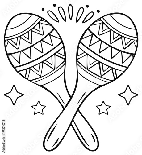 Two crossed maracas with festive stars and sparkles in a simple line art design