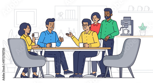 Coworkers Having Coffee in Minimalist Office Lounge