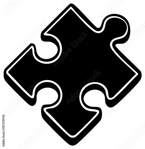 Black and white puzzle piece isolated with shadow for conceptual design and symbol