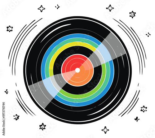 Colorful retro vinyl record radiating sound waves and stars illustration