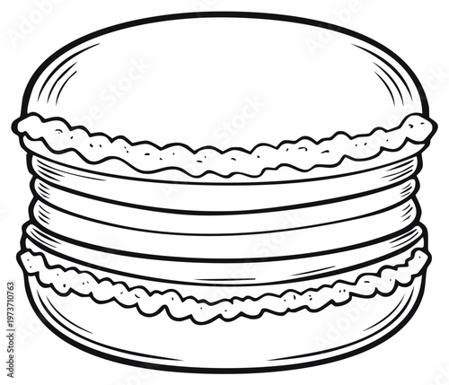 Line art drawing of delicious French macaron cookie with meringue-based confectionery in black and white