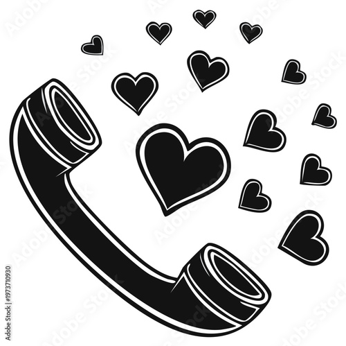 Retro telephone handset with floating heart symbols design