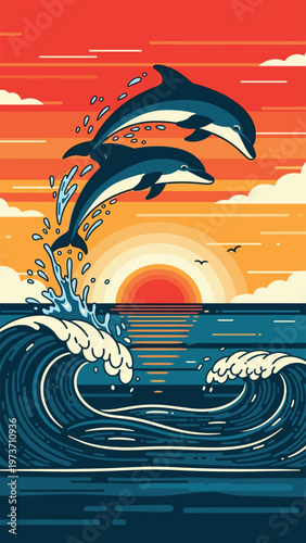 Two dolphins leaping from the ocean waves against a vibrant sunset backdrop