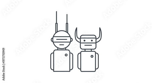 minimalist line art illustration of two stylized robot characters representing futuristic artificial intelligence and technology concepts.