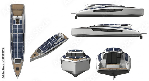 Solar Powered Boat AutoCAD Blueprint Vector – Modern Marine Vessel with Roof Panels Multiview Technical Drawing Clean Design No Text