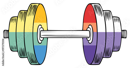 Dumbbell with Rainbow Pride Flag Colors Representing Strength and Inclusivity in Fitness