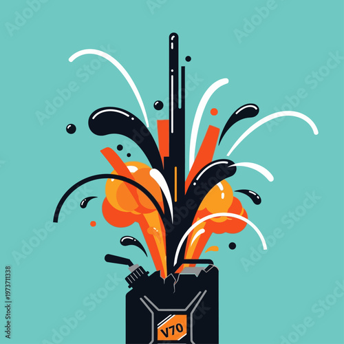 fuel explosion and power burst erupting from a cracking v70 gas can illustrating energy crisis and oil price volatility.