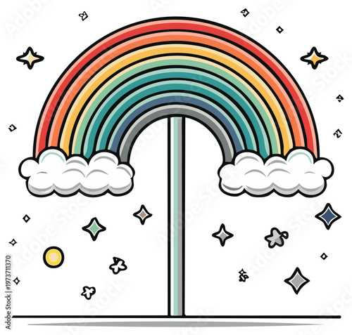 Bright colorful rainbow illustration with fluffy clouds and a central supporting pole surrounded by whimsical stars