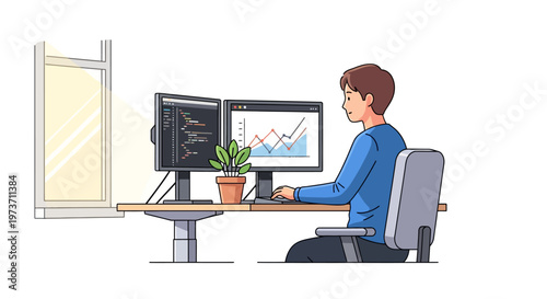 Focused Professional Working at Standing Desk