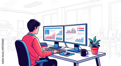 Focused Professional Working at Dual Monitor Desk