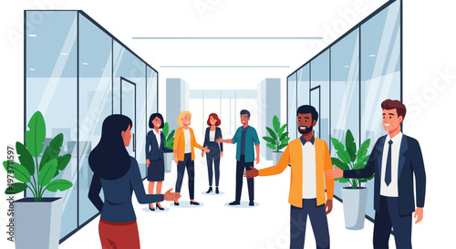 Smiling Professionals Greeting in Modern Office Hallway