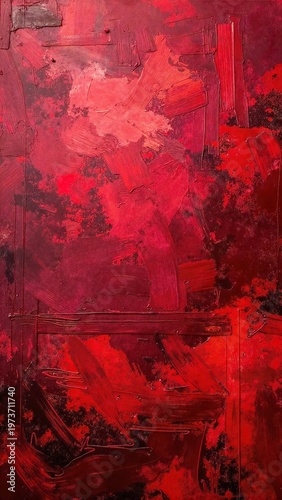 an abstract painting with bold red and black brushstrokes blending and clashing across the canvas
