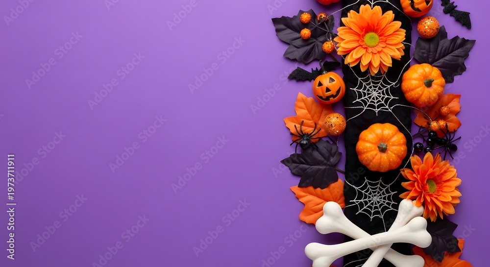 Fototapeta premium Halloween decorations with pumpkins flowers and a spooky skeleton