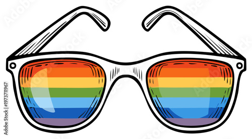 Stylish sunglasses reflecting a vibrant rainbow pride flag symbolizing diversity and inclusion
