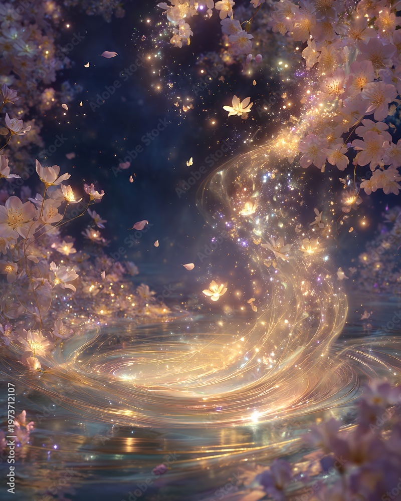 Fototapeta premium cherry blossom petals swirl in a cosmic night
