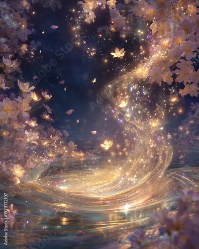 cherry blossom petals swirl in a cosmic night