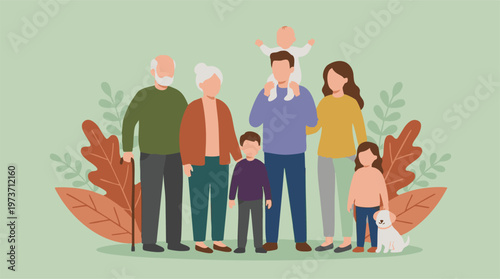 Happy multi-generational family portrait with dog in flat design illustration
