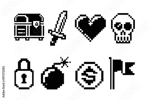 Retro Pixel Game Icons – Treasure, Sword, Heart, Skull, Coin, Flag, Bomb, Lock