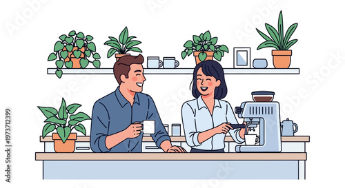 Colleagues Laughing at Office Coffee Station