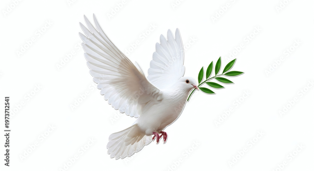 Fototapeta premium White Dove Flying with Green Olive Branch in Beak on White Background