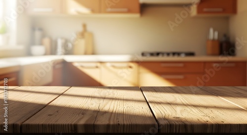 Warm and inviting kitchen interior with a focus on the countertop and blurred background elements creating a cozy atmosphere