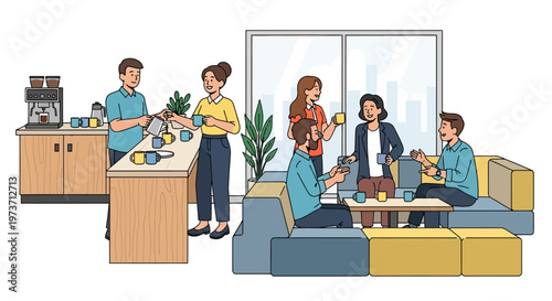 Diverse Employees Socializing in Modern Office Lounge