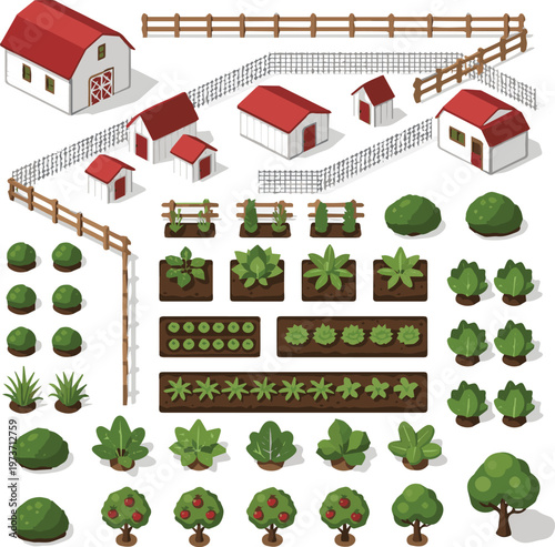 Generated on Set of elements for a project or scheme farm. Buildings, fences and garden with plants, vegetables vector art on white background