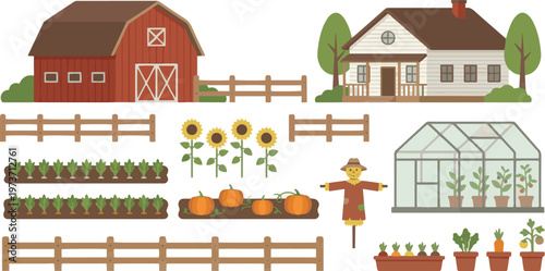 Generated on Set of elements for a project or scheme farm. Buildings, fences and garden with plants, vegetables vector art on white background
