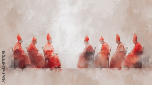 several cardinals sit in a meeting wearing red robes