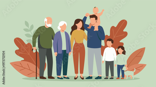 Multi-generational family: grandparents, parents, children, baby, and dog