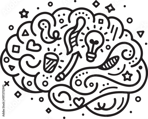 hand drawn creative brainstorming doodles with lightbulb and hearts concept
