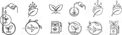 Eco and bio fuel icon collection in linear style. Fuel pump station, sustainable aviation energy symbols and leaf with fire elements for green energy design eps