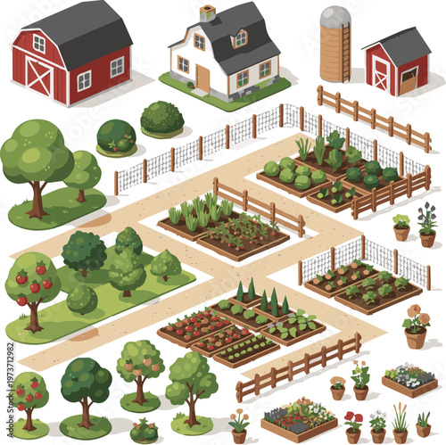 Generated on Set of elements for a project or scheme farm. Buildings, fences and garden with plants, vegetables vector art on white background