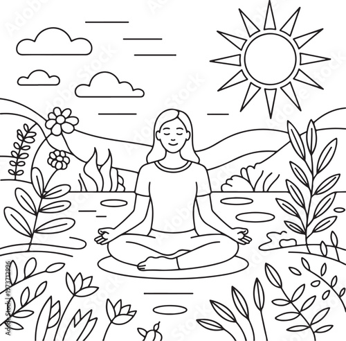 young woman meditating in nature with floating clouds and sunlight illustration