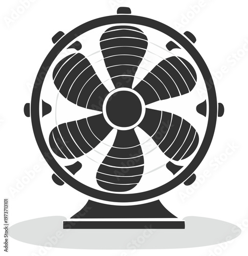 Vintage desk fan with rotating blades and protective grille detailed illustration