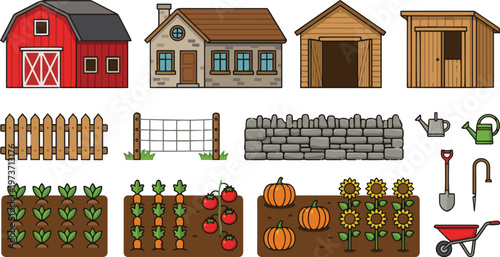 Generated on Set of elements for a project or scheme farm. Buildings, fences and garden with plants, vegetables vector art on white background
