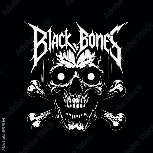Black bones skull with crossed bones isolated on black background.