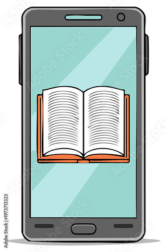 Smartphone with an open book on screen for e-reading, digital library, and online learning.