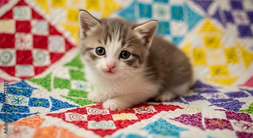 Adorable little kitten with grey and white fur sitting on a colorful patchwork quilt with a soft focus background