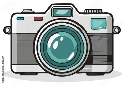 Cartoon-style illustration of a vintage camera with detailed lens and buttons