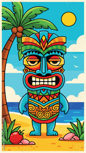 A vibrant cartoon tiki statue stands on a beach with a sunny sky and tropical foliage