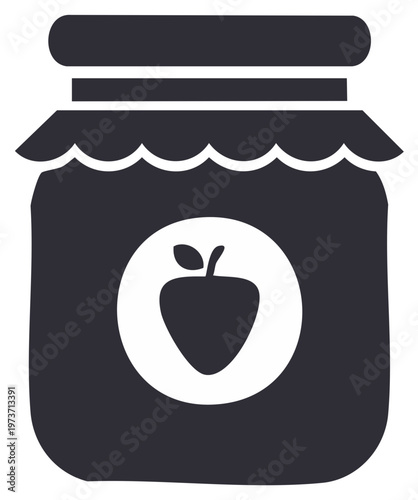 Black and white silhouette of a glass jar with jam and an strawberry label on it ready for packaging