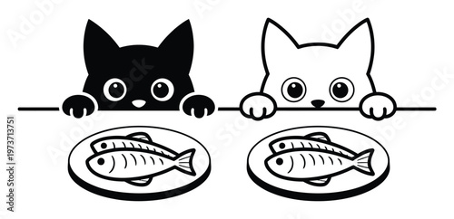 Cute black and white cats peeking over a line with fish
