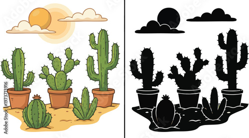 Generated on Set of cartoon desert cactus plants wild nature landscape and black silhouette vector art on white background